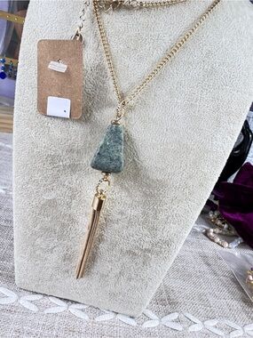 Stampd Gold Necklace with Green Moss Stone Triangle and Tassel
